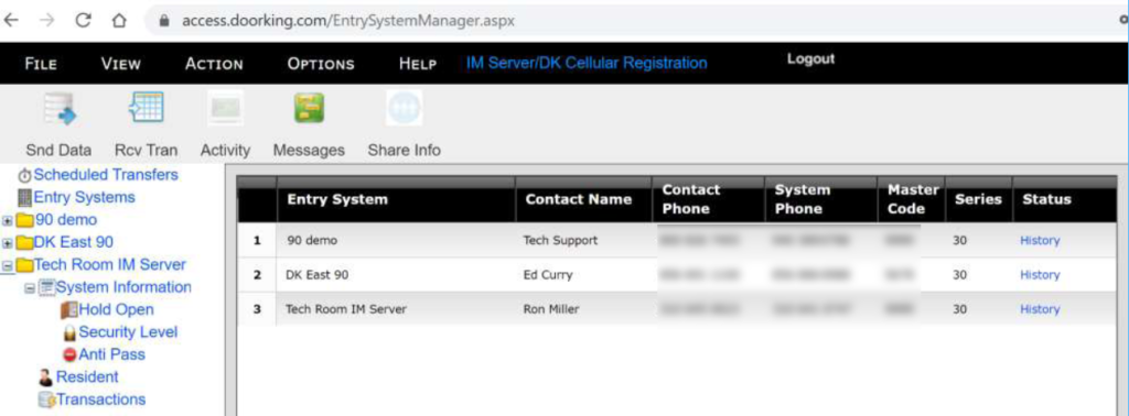 Doorking Cloud Systems screen for cloud programming 1835 1837 and 1838 phone entries. 