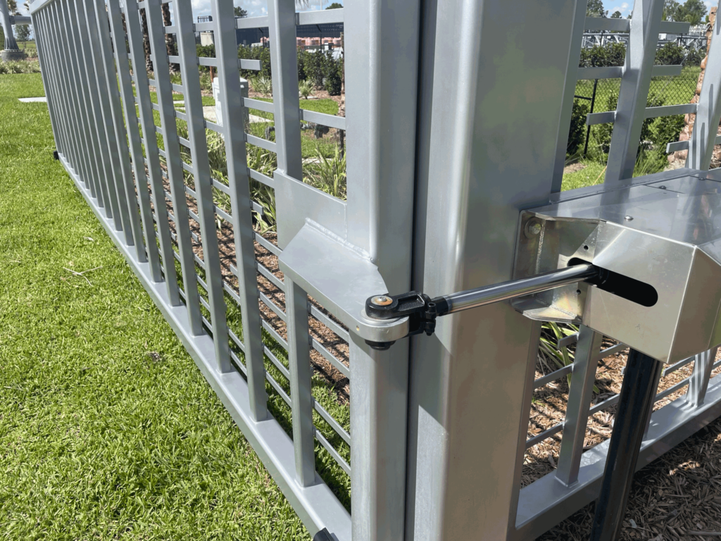 Detailed view of the push-to-open HydraSwing operator with the gate fully open, demonstrating its seamless functionality, power and precision.